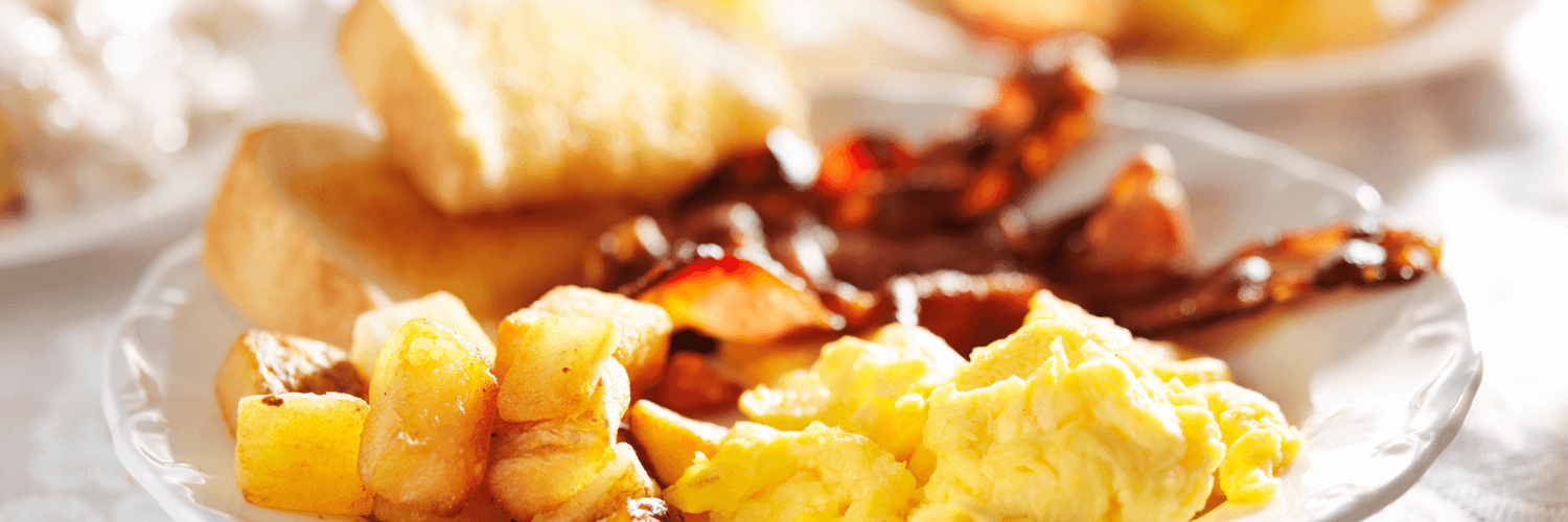 Breakfast of scrambled eggs, bacon, country potatoes electronic banner