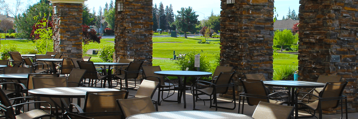 Exterior table views from Sierra Pines Patio electronic banner